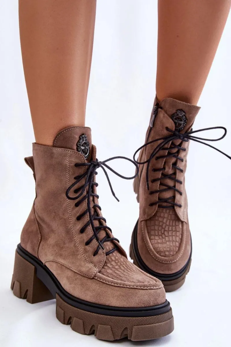 Damskie Trapery|Botki Sznurowane>Boto Zamszowe Damskie Ocieplane Botki Trapery Jasnobrązowe Lemar Rehin