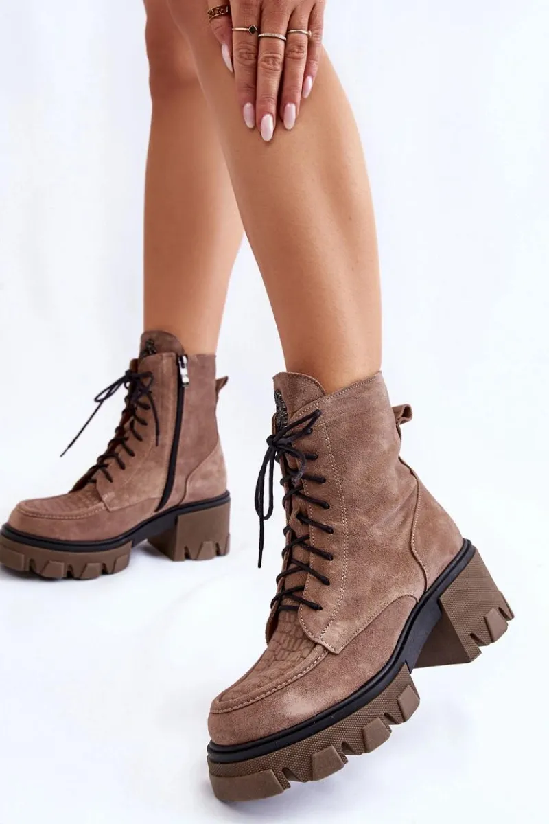 Damskie Trapery|Botki Sznurowane>Boto Zamszowe Damskie Ocieplane Botki Trapery Jasnobrązowe Lemar Rehin