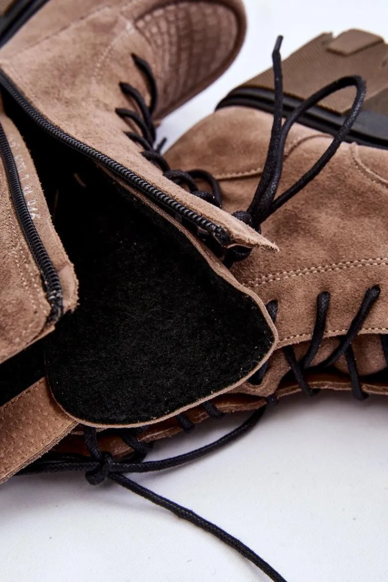 Damskie Trapery|Botki Sznurowane>Boto Zamszowe Damskie Ocieplane Botki Trapery Jasnobrązowe Lemar Rehin