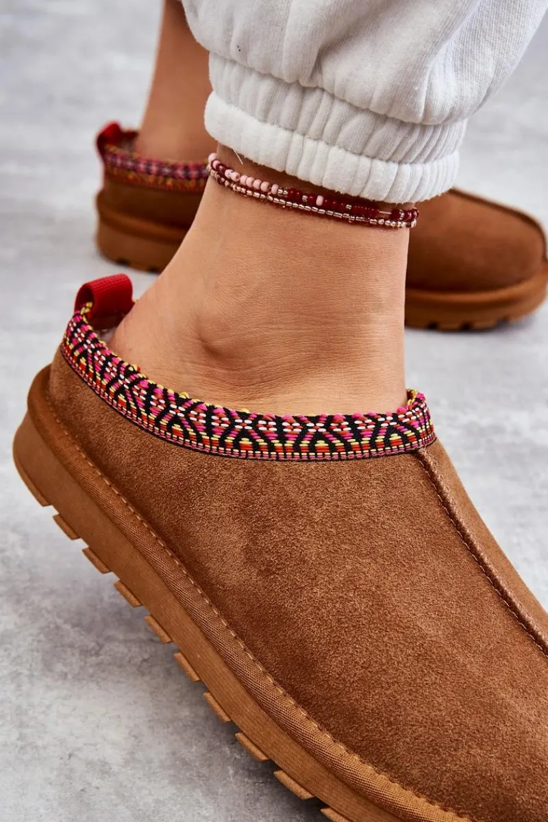 Outlet Zamszowe Damskie Papcie Z Futerkiem Camel Buffie Damskie Kapcie Klasyczne