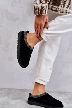 Outlet Zamszowe Damskie Papcie Z Futerkiem Czarne Buffie Damskie Kapcie Klasyczne