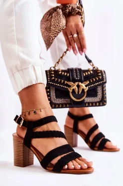 New Evento Zamszowe Damskie Sandały Na Słupku Czarne Elora