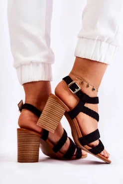 New Evento Zamszowe Damskie Sandały Na Słupku Czarne Elora