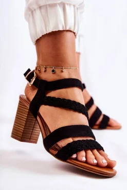 New Evento Zamszowe Damskie Sandały Na Słupku Czarne Elora