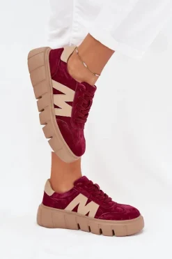 Sneakersy Damskie>Buty damskie Vinceza Zamszowe Damskie Sneakersy Na Platformie Vinceza 79561 Bordowe Czerwony