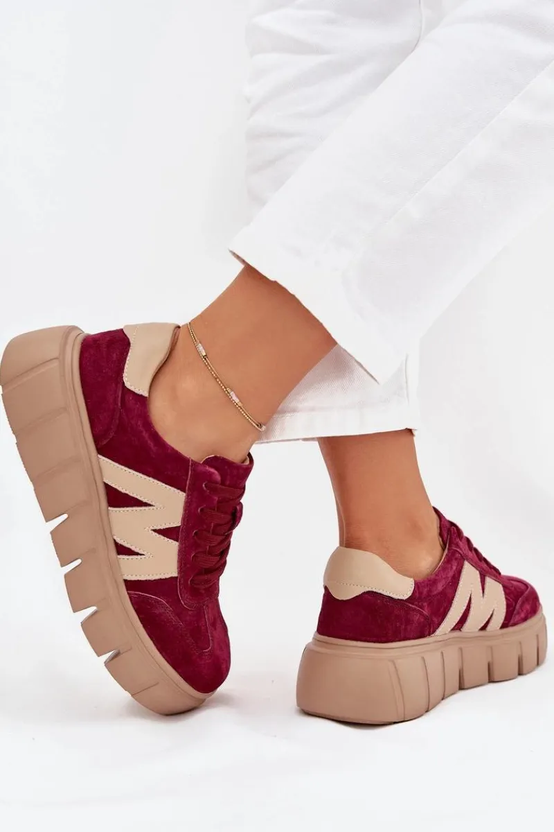 Sneakersy Damskie>Buty damskie Vinceza Zamszowe Damskie Sneakersy Na Platformie Vinceza 79561 Bordowe Czerwony