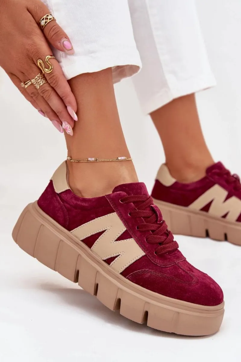 Sneakersy Damskie>Buty damskie Vinceza Zamszowe Damskie Sneakersy Na Platformie Vinceza 79561 Bordowe Czerwony