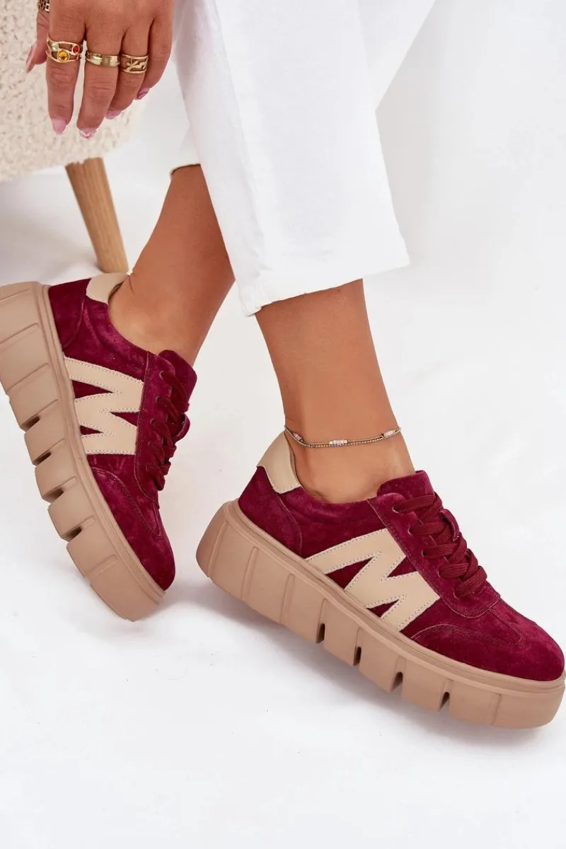 Sneakersy Damskie>Buty damskie Vinceza Zamszowe Damskie Sneakersy Na Platformie Vinceza 79561 Bordowe Czerwony