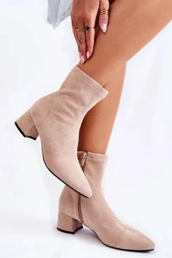 Outlet Boto Zamszowe Damskie Wysokie Botki Beżowe Gloriss