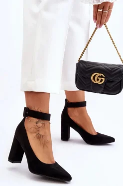 Zamszowe Eleganckie Czółenka Czarne Gloria Damskie Czółenka Zamszowe|Czółenka Na Słupku