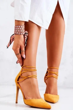 Best Zamszowe Eleganckie Szpilki Żółte Loveth Damskie Szpilki Zamszowe