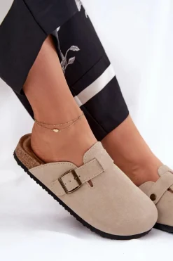 Clearance Zamszowe Klapki Chodaki Damskie Z Klamrą Big Star RR274A385 Beżowe Damskie Klapki Damskie Big Star|Klapki Na Platformie