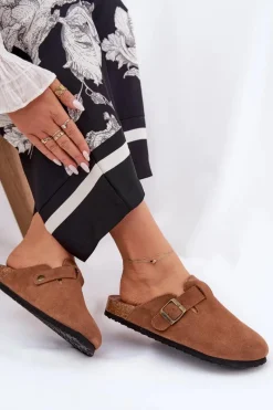 Klapki Damskie Big Star|Klapki Na Platformie>Big Star Shoes Zamszowe Klapki Chodaki Damskie Z Klamrą Big Star RR274A387 Brązowe Brązowy