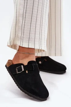 Outlet Zamszowe Klapki Chodaki Damskie Z Klamrą Big Star RR274A384 Czarne Damskie Klapki Damskie Big Star|Klapki Na Platformie