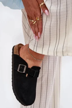 Outlet Zamszowe Klapki Chodaki Damskie Z Klamrą Big Star RR274A384 Czarne Damskie Klapki Damskie Big Star|Klapki Na Platformie