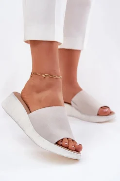 Clearance Panto Fino Zamszowe Klapki Damskie Na Koturnie RR267044 Szare