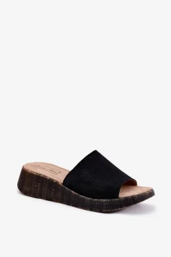 Clearance Zamszowe Klapki Damskie Na Koturnie RR267043 Czarne Damskie Klapki Na Koturnie|Klapki Damskie Klasyczne