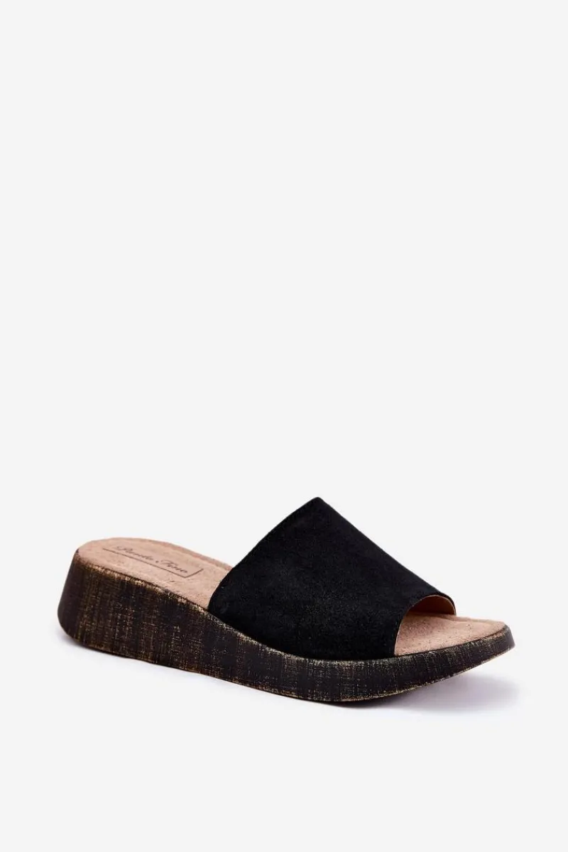 Clearance Zamszowe Klapki Damskie Na Koturnie RR267043 Czarne Damskie Klapki Na Koturnie|Klapki Damskie Klasyczne