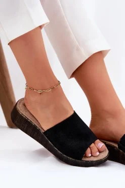 Clearance Zamszowe Klapki Damskie Na Koturnie RR267043 Czarne Damskie Klapki Na Koturnie|Klapki Damskie Klasyczne