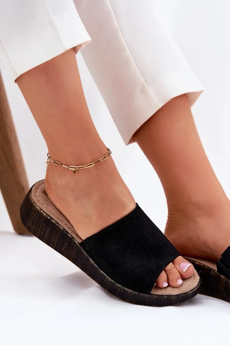 Clearance Zamszowe Klapki Damskie Na Koturnie RR267043 Czarne Damskie Klapki Na Koturnie|Klapki Damskie Klasyczne