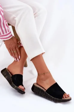 Clearance Zamszowe Klapki Damskie Na Koturnie RR267043 Czarne Damskie Klapki Na Koturnie|Klapki Damskie Klasyczne