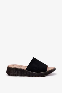 Clearance Zamszowe Klapki Damskie Na Koturnie RR267043 Czarne Damskie Klapki Na Koturnie|Klapki Damskie Klasyczne