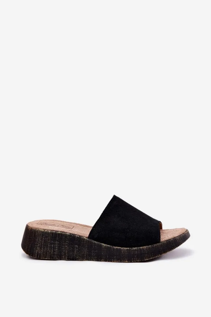 Clearance Zamszowe Klapki Damskie Na Koturnie RR267043 Czarne Damskie Klapki Na Koturnie|Klapki Damskie Klasyczne