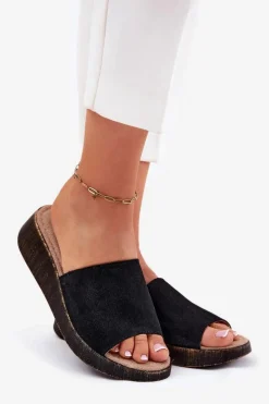 Clearance Zamszowe Klapki Damskie Na Koturnie RR267043 Czarne Damskie Klapki Na Koturnie|Klapki Damskie Klasyczne