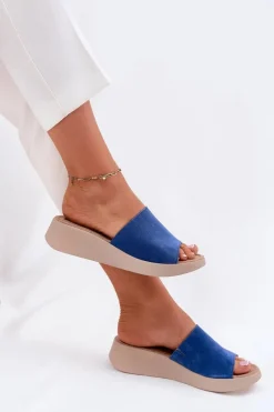 Zamszowe Klapki Damskie Na Koturnie RR267041 Niebieskie Damskie Klapki Na Koturnie|Klapki Damskie Klasyczne