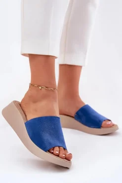 Zamszowe Klapki Damskie Na Koturnie RR267041 Niebieskie Damskie Klapki Na Koturnie|Klapki Damskie Klasyczne