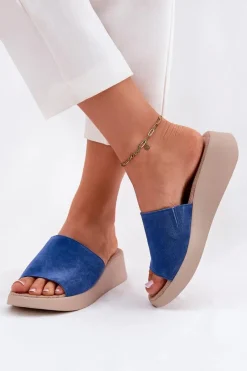 Zamszowe Klapki Damskie Na Koturnie RR267041 Niebieskie Damskie Klapki Na Koturnie|Klapki Damskie Klasyczne
