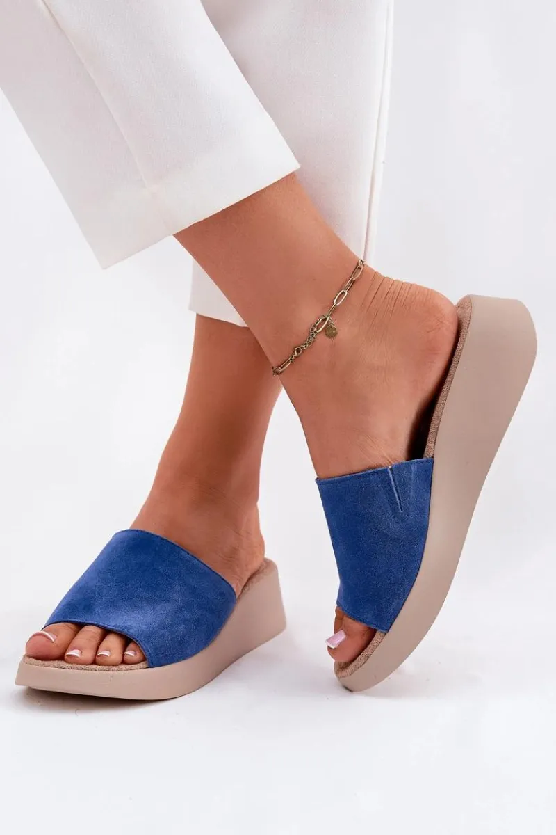 Zamszowe Klapki Damskie Na Koturnie RR267041 Niebieskie Damskie Klapki Na Koturnie|Klapki Damskie Klasyczne