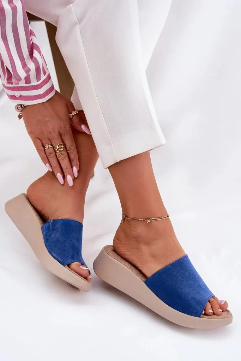 Zamszowe Klapki Damskie Na Koturnie RR267041 Niebieskie Damskie Klapki Na Koturnie|Klapki Damskie Klasyczne