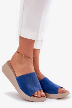 Zamszowe Klapki Damskie Na Koturnie RR267041 Niebieskie Damskie Klapki Na Koturnie|Klapki Damskie Klasyczne