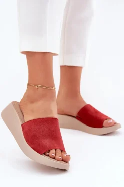 Online Panto Fino Zamszowe Klapki Damskie Na Koturnie RR267040 Czerwone