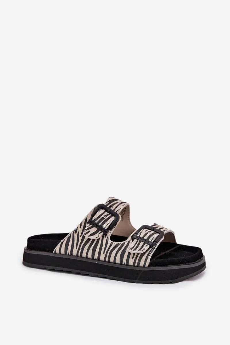 Clearance D.Franklin Zamszowe Klapki Damskie Z Klamrami DFSH405002 Zebra