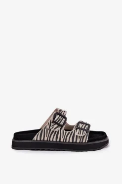 Clearance D.Franklin Zamszowe Klapki Damskie Z Klamrami DFSH405002 Zebra