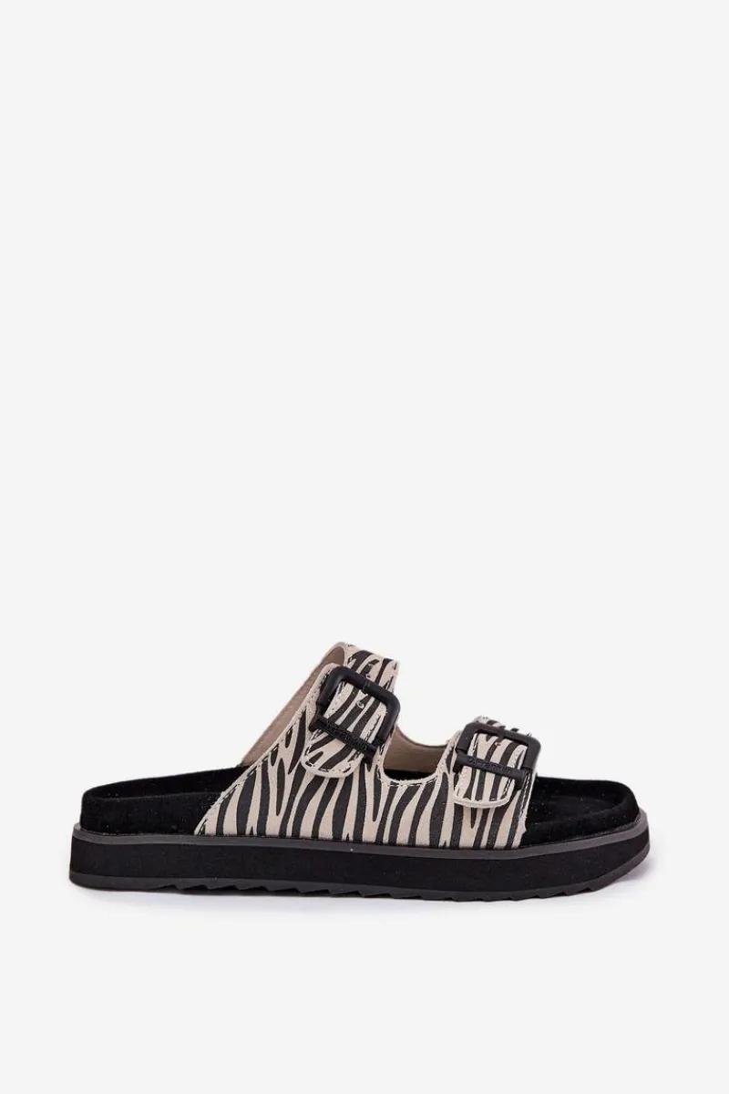 Clearance D.Franklin Zamszowe Klapki Damskie Z Klamrami DFSH405002 Zebra