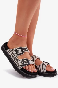 Clearance D.Franklin Zamszowe Klapki Damskie Z Klamrami DFSH405002 Zebra