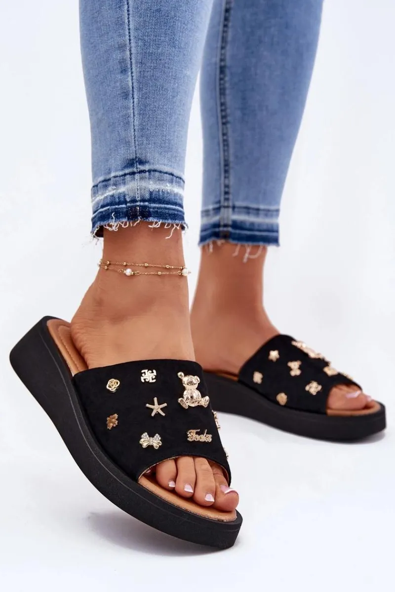 Clearance Buty damskie Vinceza Zamszowe Klapki Damskie Z Przypinkami Vinceza 66741 Czarne Czarny