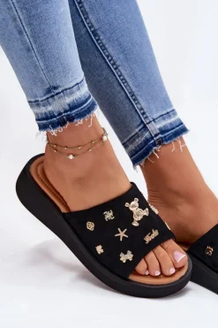 Clearance Buty damskie Vinceza Zamszowe Klapki Damskie Z Przypinkami Vinceza 66741 Czarne Czarny