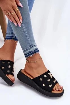 Clearance Buty damskie Vinceza Zamszowe Klapki Damskie Z Przypinkami Vinceza 66741 Czarne Czarny