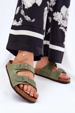 Best Big Star Shoes Zamszowe Klapki Damskie Z Klamrami Big Star RR274A393 Zielone Zielony