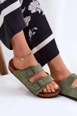 Best Big Star Shoes Zamszowe Klapki Damskie Z Klamrami Big Star RR274A393 Zielone Zielony