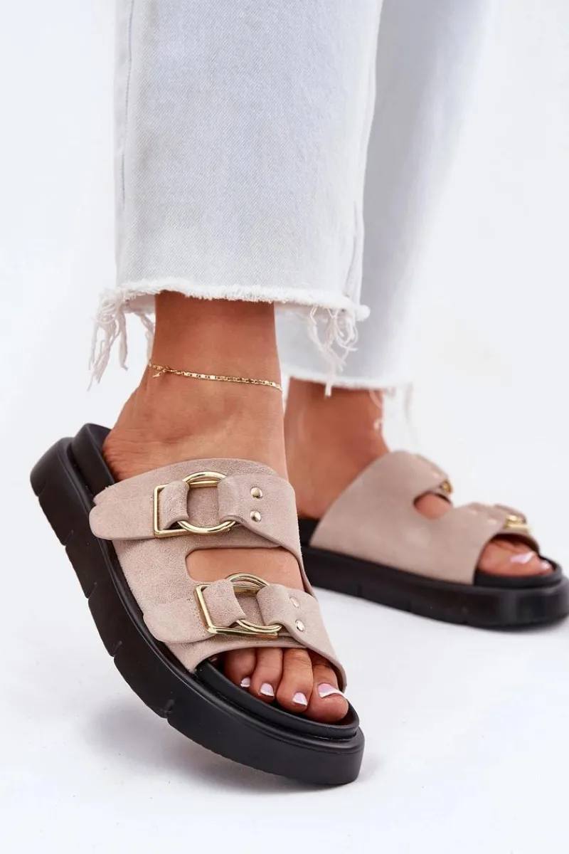 Hot Big Star Shoes Zamszowe Klapki Damskie Z Ozdobnymi Klamrami Big Star RR274659 Jasnoróżowe Różowy