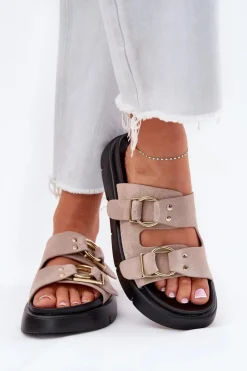 Hot Big Star Shoes Zamszowe Klapki Damskie Z Ozdobnymi Klamrami Big Star RR274659 Jasnoróżowe Różowy