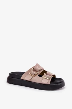 Hot Big Star Shoes Zamszowe Klapki Damskie Z Ozdobnymi Klamrami Big Star RR274659 Jasnoróżowe Różowy