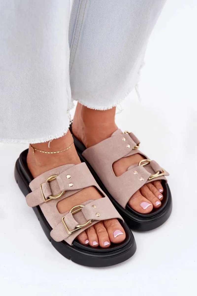 Hot Big Star Shoes Zamszowe Klapki Damskie Z Ozdobnymi Klamrami Big Star RR274659 Jasnoróżowe Różowy