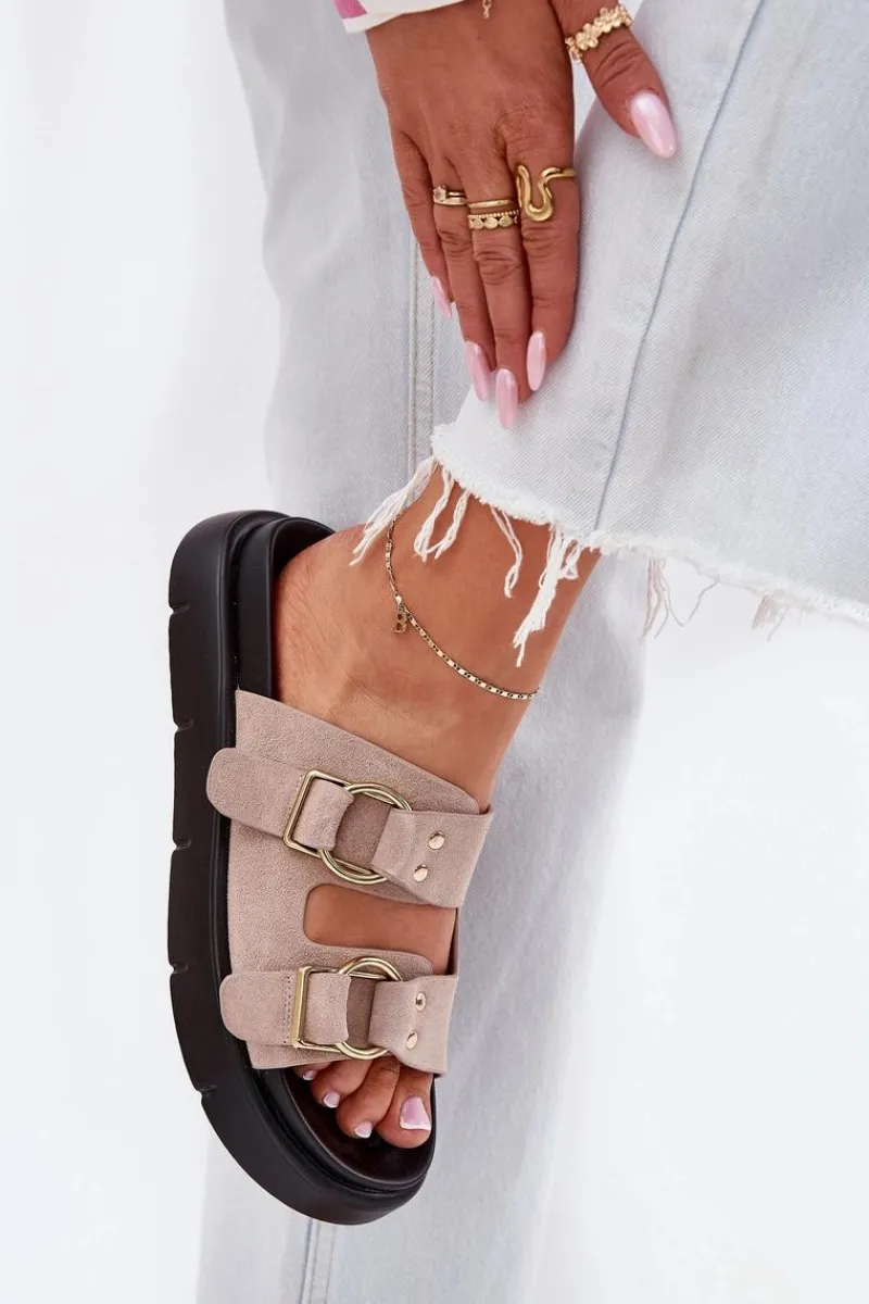 Hot Big Star Shoes Zamszowe Klapki Damskie Z Ozdobnymi Klamrami Big Star RR274659 Jasnoróżowe Różowy