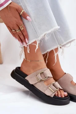 Hot Big Star Shoes Zamszowe Klapki Damskie Z Ozdobnymi Klamrami Big Star RR274659 Jasnoróżowe Różowy